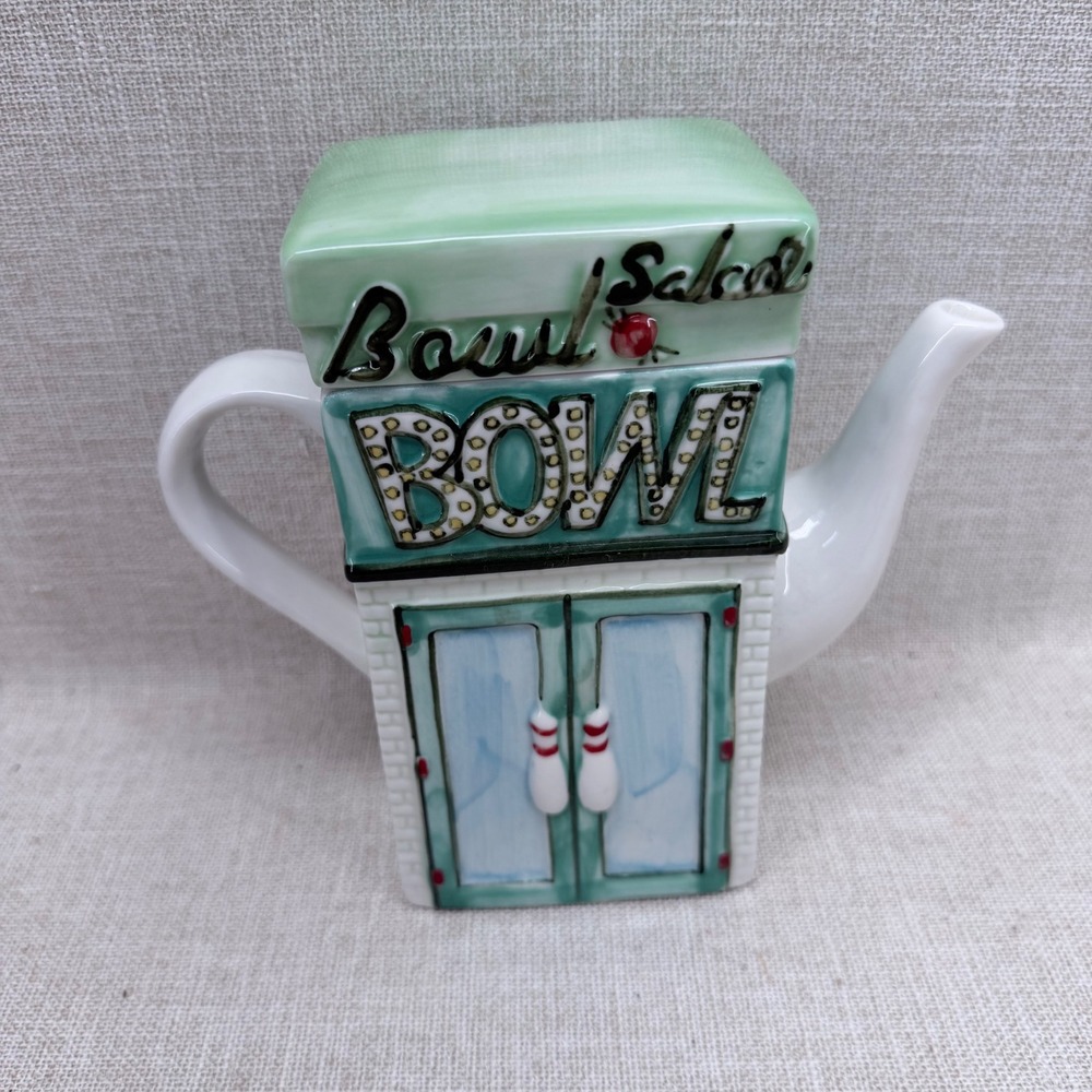 Vintage Novelty Ceramic Teapot Bowl Salad Bowling Alley‎ Kitchen Decor Green